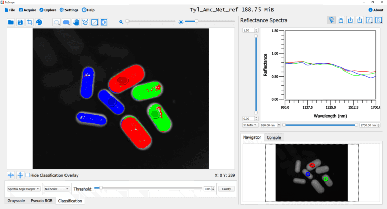 SWIR spectral image of Tylenol, Metformin and Amoxicillin tablets recorded using the Hinalea 4400 spectral camera